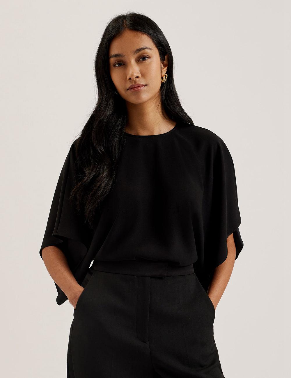 Ted Baker CHERIKA - Batwing Short Sleeve Satin Blouse Dames Zwart | BOSW-48107