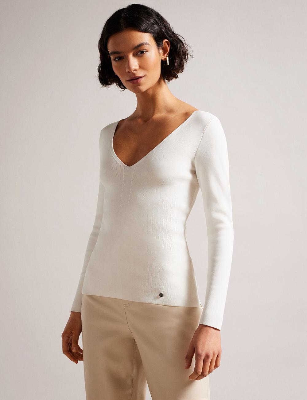 Ted Baker CILESTE - Fitted V-Neck Long Sleeve Knit Top Jumpers Dames Ivory | QOKP-85610