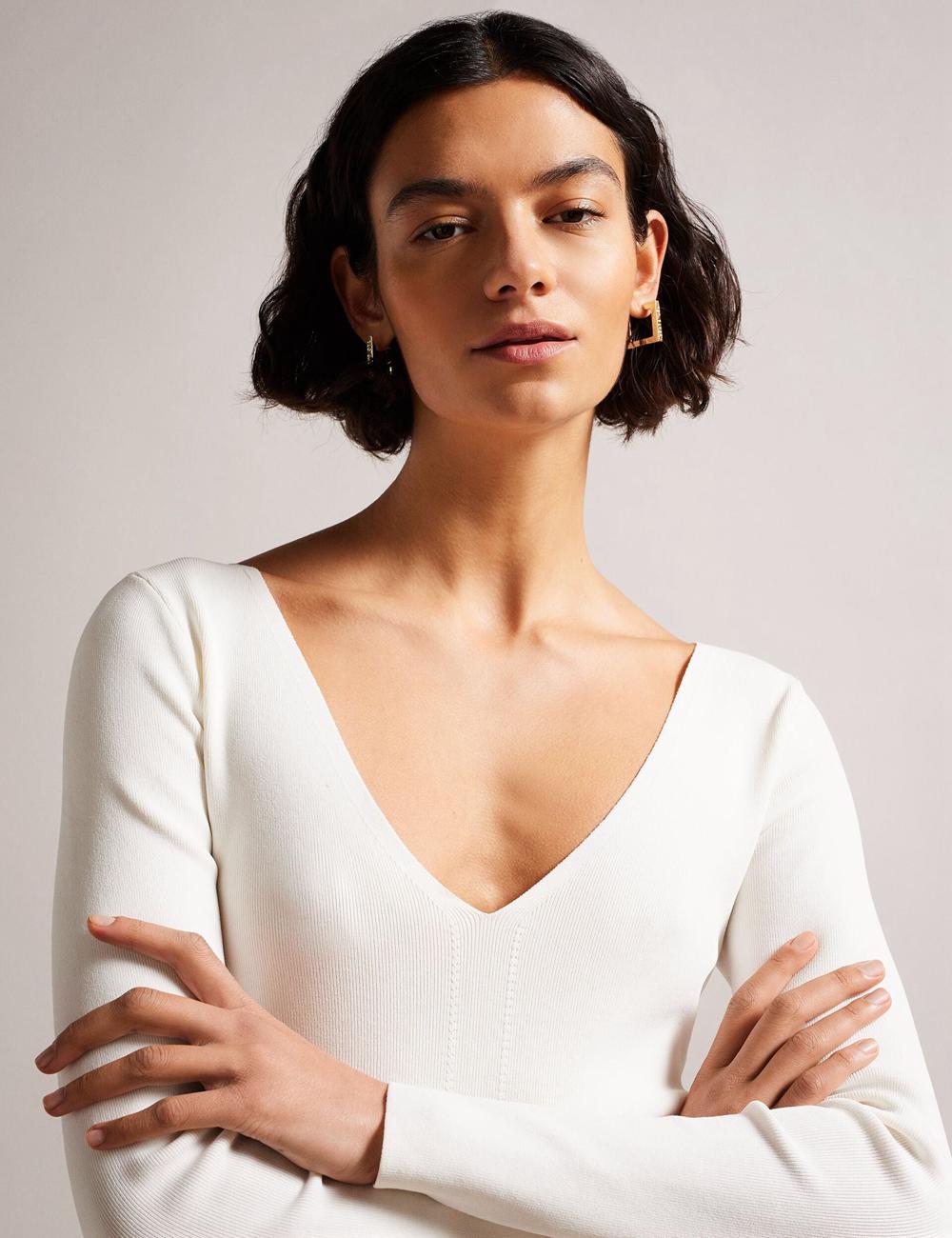 Ted Baker CILESTE - Fitted V-Neck Long Sleeve Knit Top Jumpers Dames Ivory | QOKP-85610