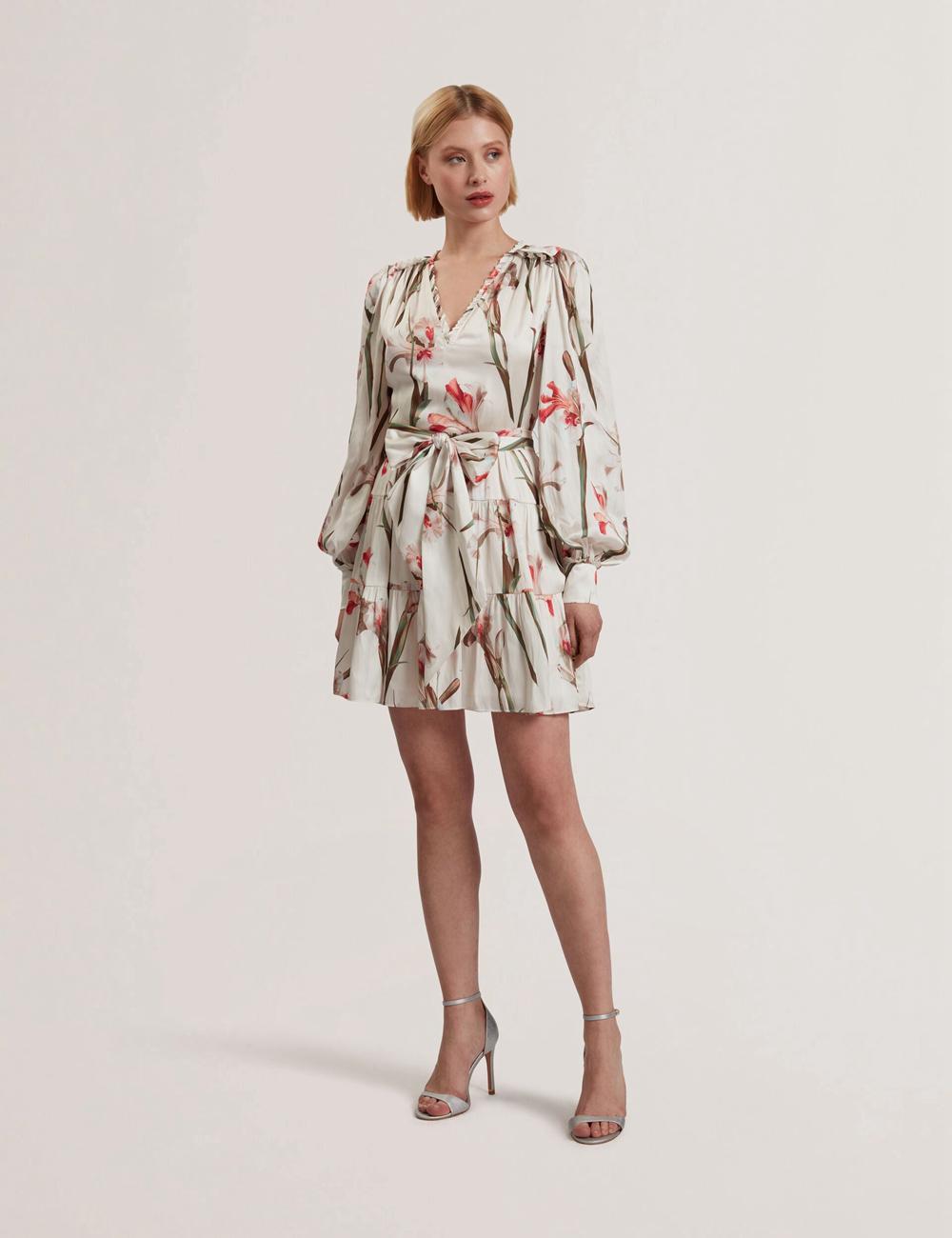 Ted Baker CUIABA - Floral V-Neck Waist Mini-jurk Dames Ivory | UMNV-51089