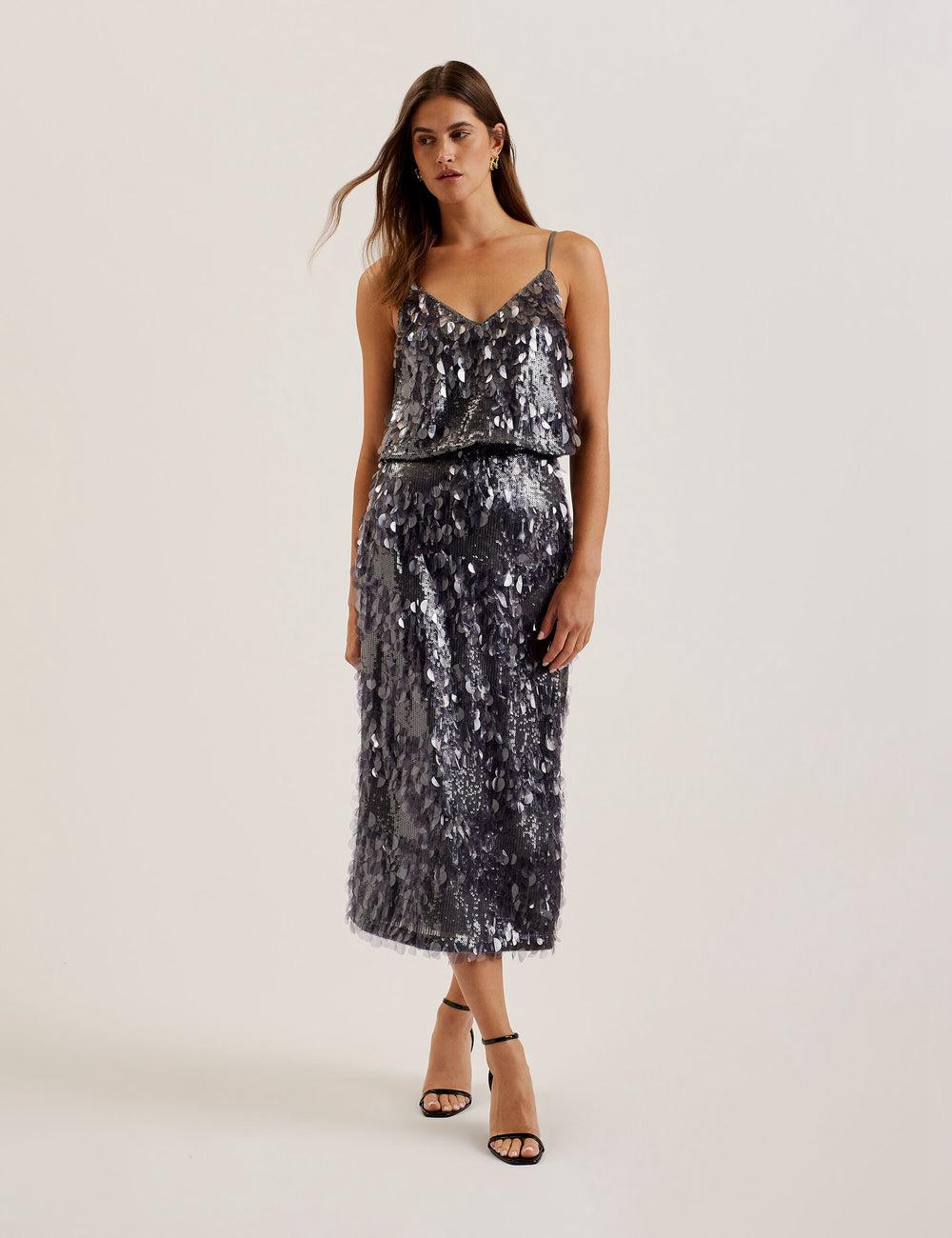 Ted Baker DORIDA - Mixed Sequin With Slit Rokken Dames Grijs | NYUM-79305