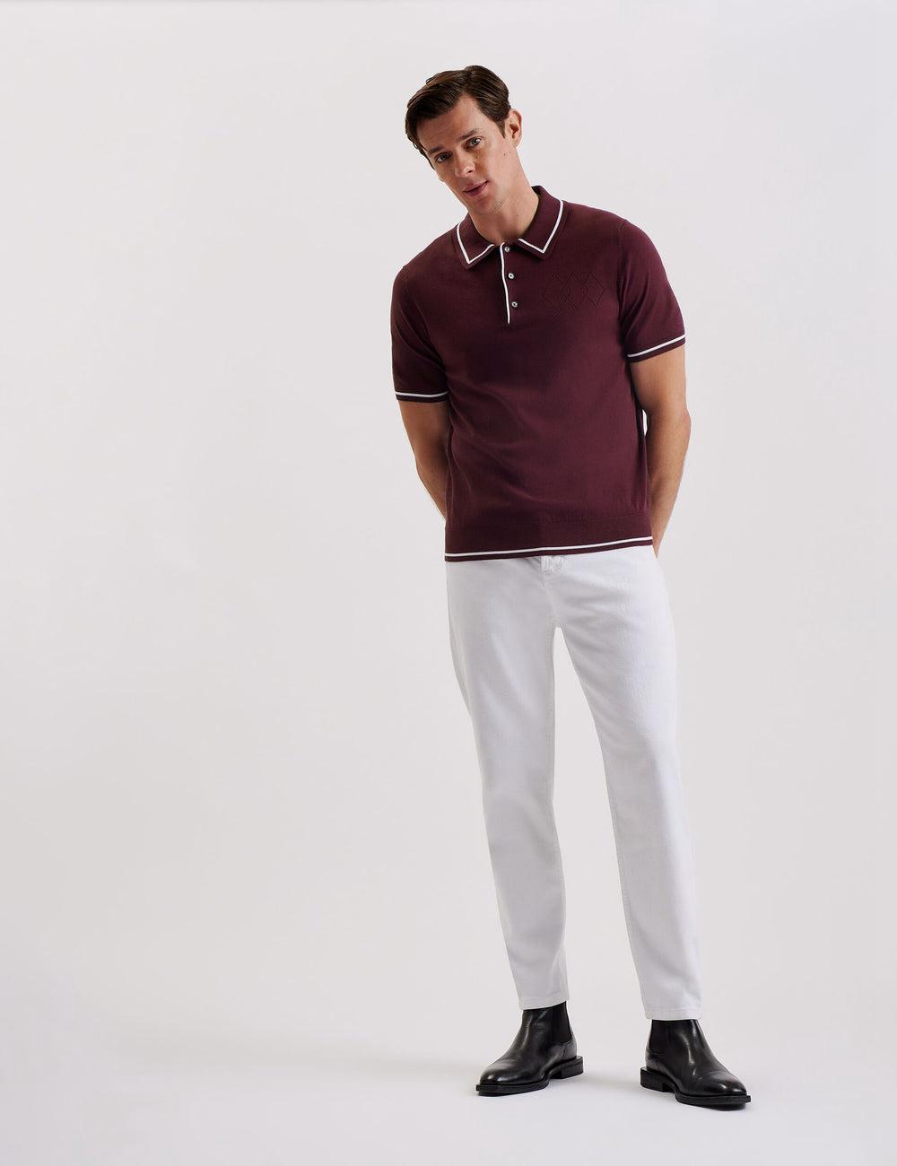 Ted Baker DUNOW - Pointelle Detail Striped Trim Poloshirt Heren Bordeaux | TNJA-03592