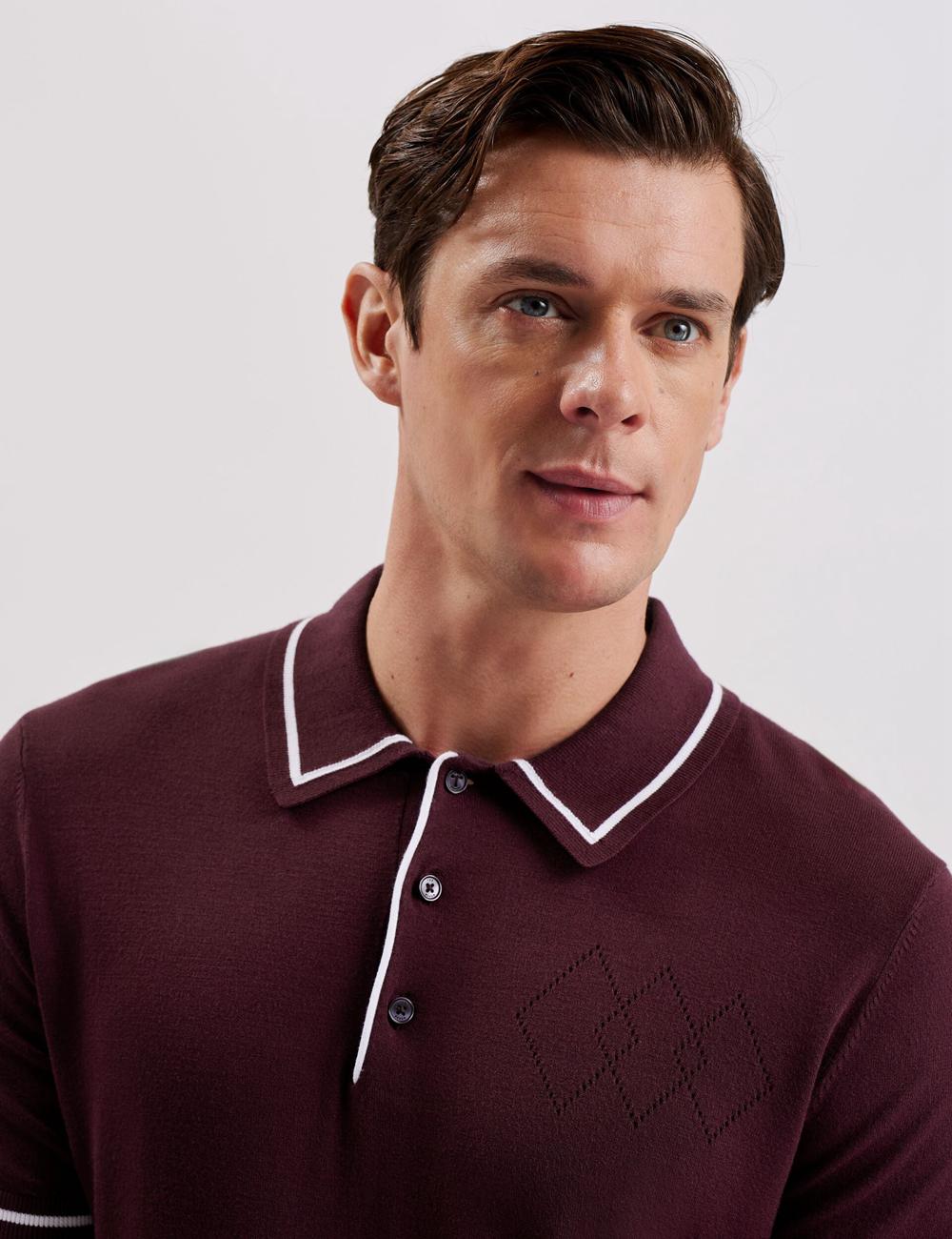 Ted Baker DUNOW - Pointelle Detail Striped Trim Poloshirt Heren Bordeaux | TNJA-03592