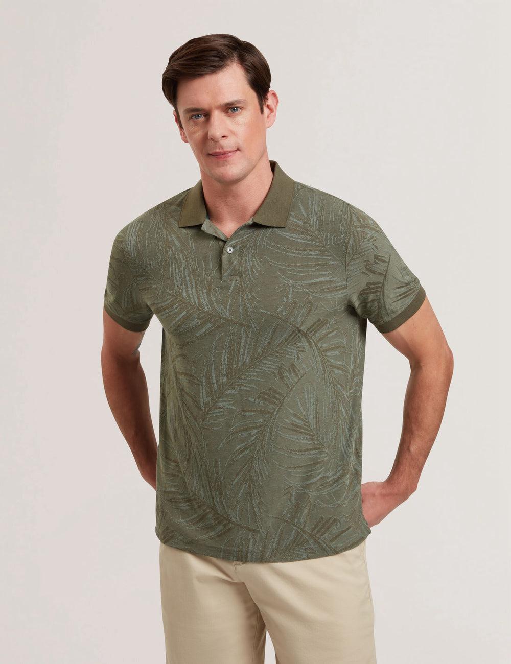 Ted Baker EDWINE - Leaf Print Short Sleeve Poloshirt Heren Khaki | FBGS-09163