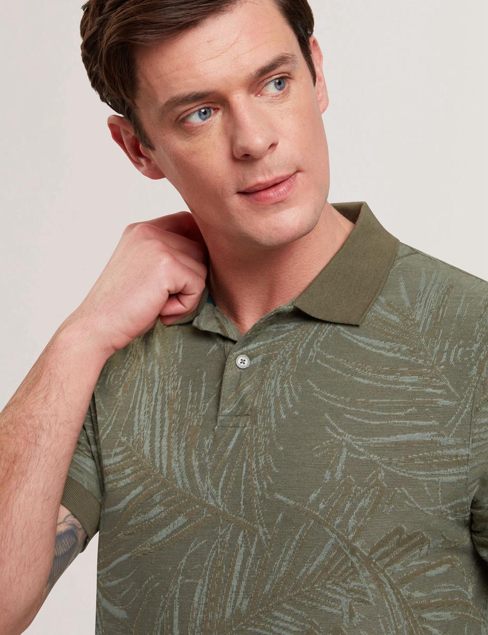 Ted Baker EDWINE - Leaf Print Short Sleeve Poloshirt Heren Khaki | FBGS-09163