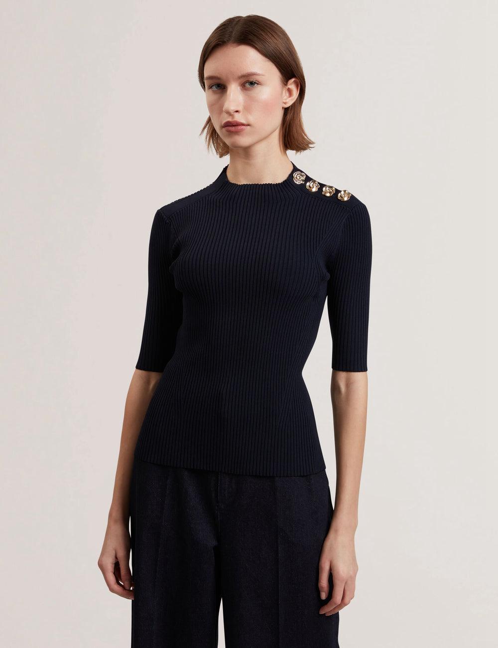 Ted Baker EELIIA - Ribbed Knit Short Sleeve With Rose Buttons Topjes Dames Donkerblauw | HCVB-92376