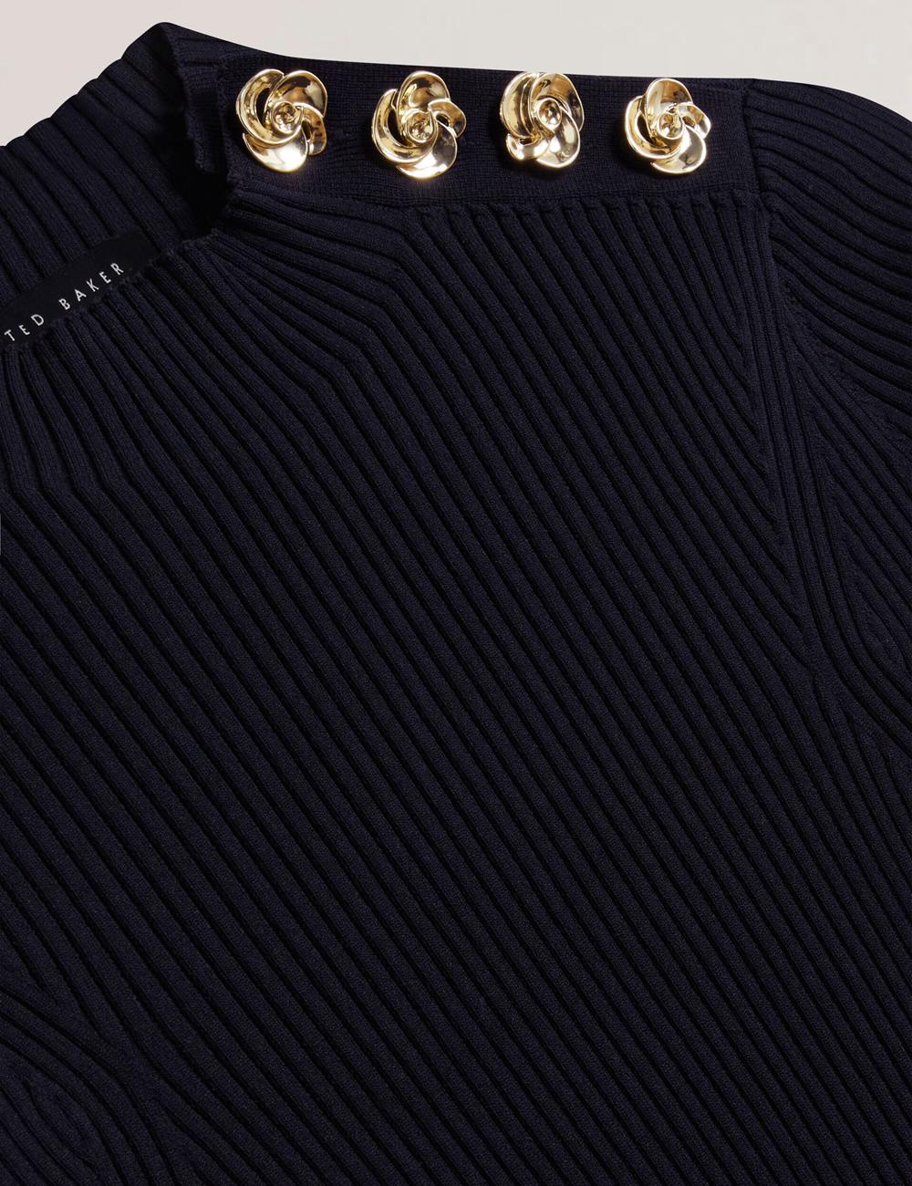 Ted Baker EELIIA - Ribbed Knit Short Sleeve With Rose Buttons Topjes Dames Donkerblauw | HCVB-92376