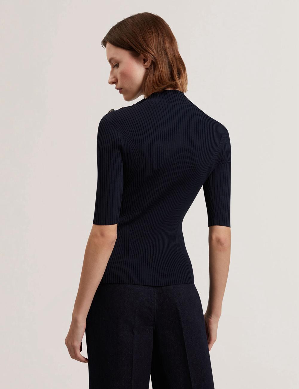 Ted Baker EELIIA - Ribbed Knit Short Sleeve With Rose Buttons Topjes Dames Donkerblauw | HCVB-92376