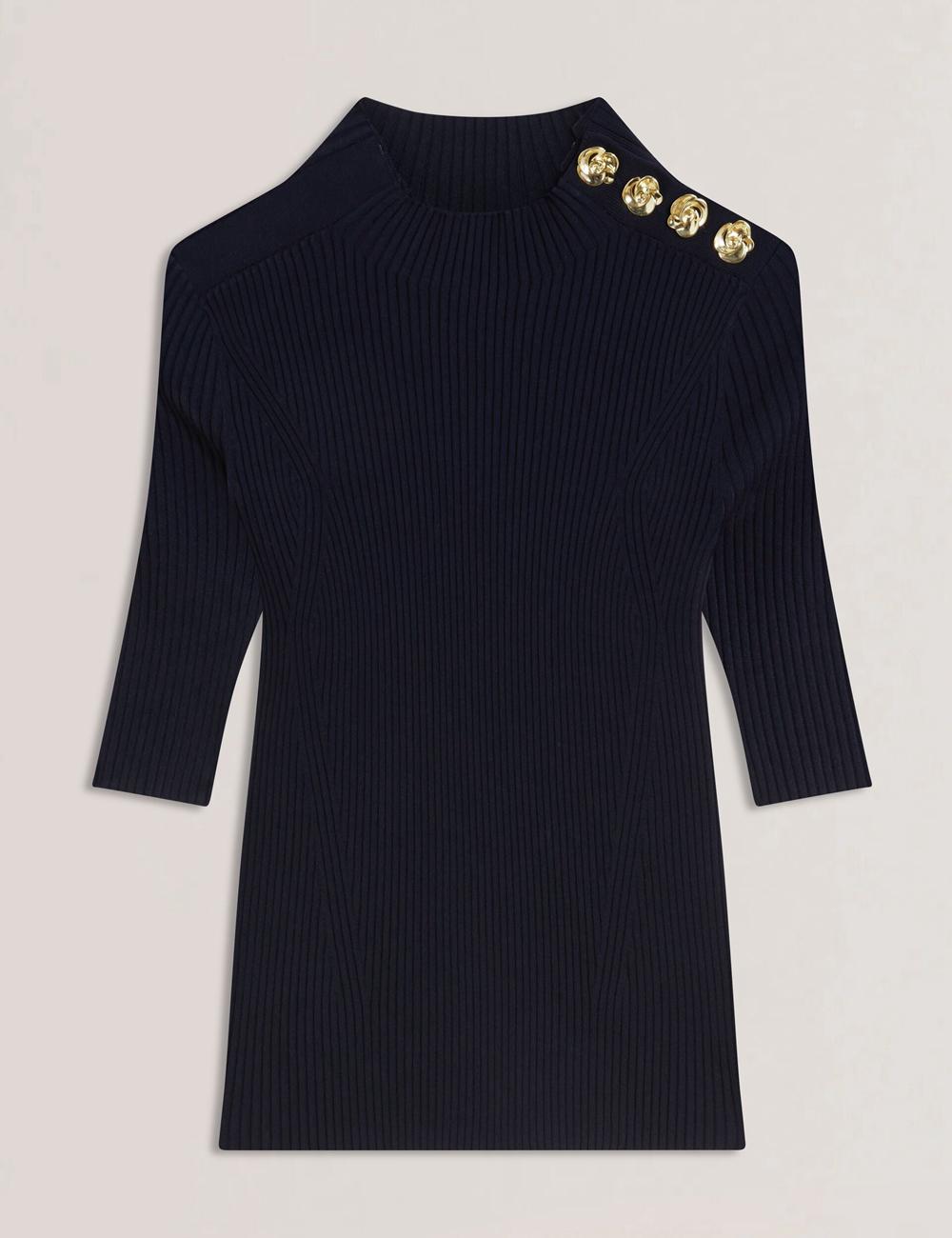 Ted Baker EELIIA - Ribbed Knit Short Sleeve With Rose Buttons Topjes Dames Donkerblauw | HCVB-92376