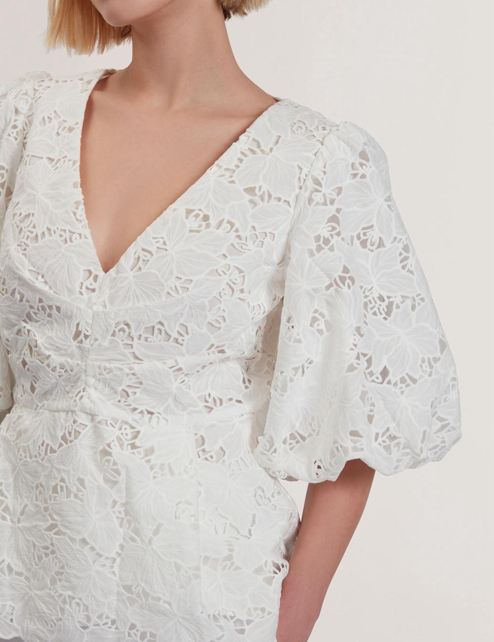Ted Baker ELLARI - Lace Puff Sleeve V-Neck Peplum Topjes Dames Wit | XYZO-14956