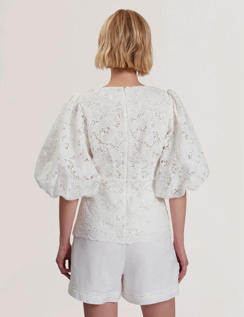 Ted Baker ELLARI - Lace Puff Sleeve V-Neck Peplum Topjes Dames Wit | XYZO-14956