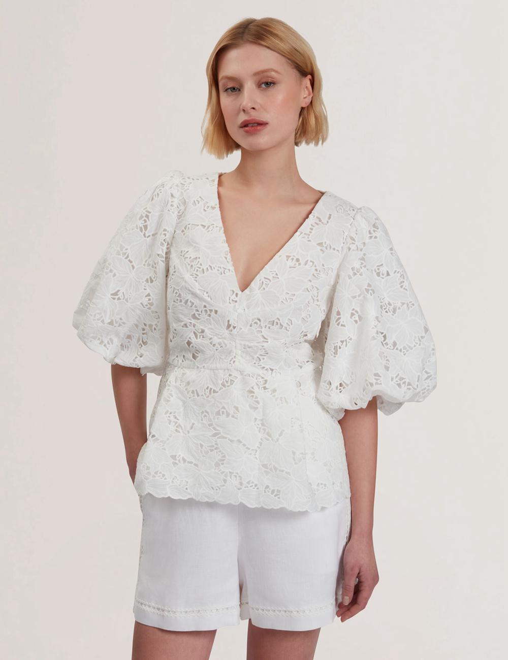 Ted Baker ELLARI - Lace Puff Sleeve V-Neck Peplum Topjes Dames Wit | XYZO-14956