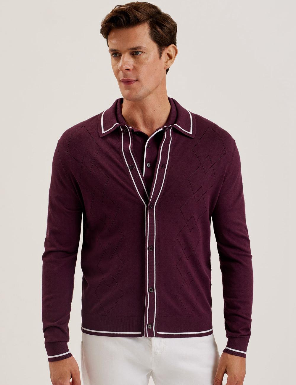 Ted Baker ELMDON - Pointelle Diamond Knitted Long Sleeve Overhemd Heren Bordeaux | PAHQ-39652