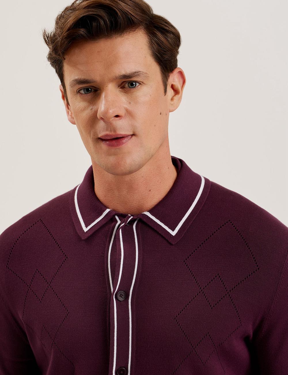 Ted Baker ELMDON - Pointelle Diamond Knitted Long Sleeve Overhemd Heren Bordeaux | PAHQ-39652