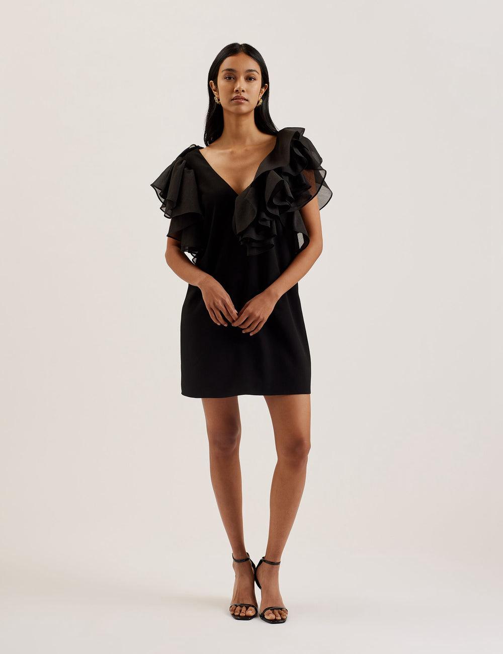 Ted Baker ELQUI - Oversized Ruffle Trim V-Neck Mini-jurk Dames Zwart | IQNL-90425