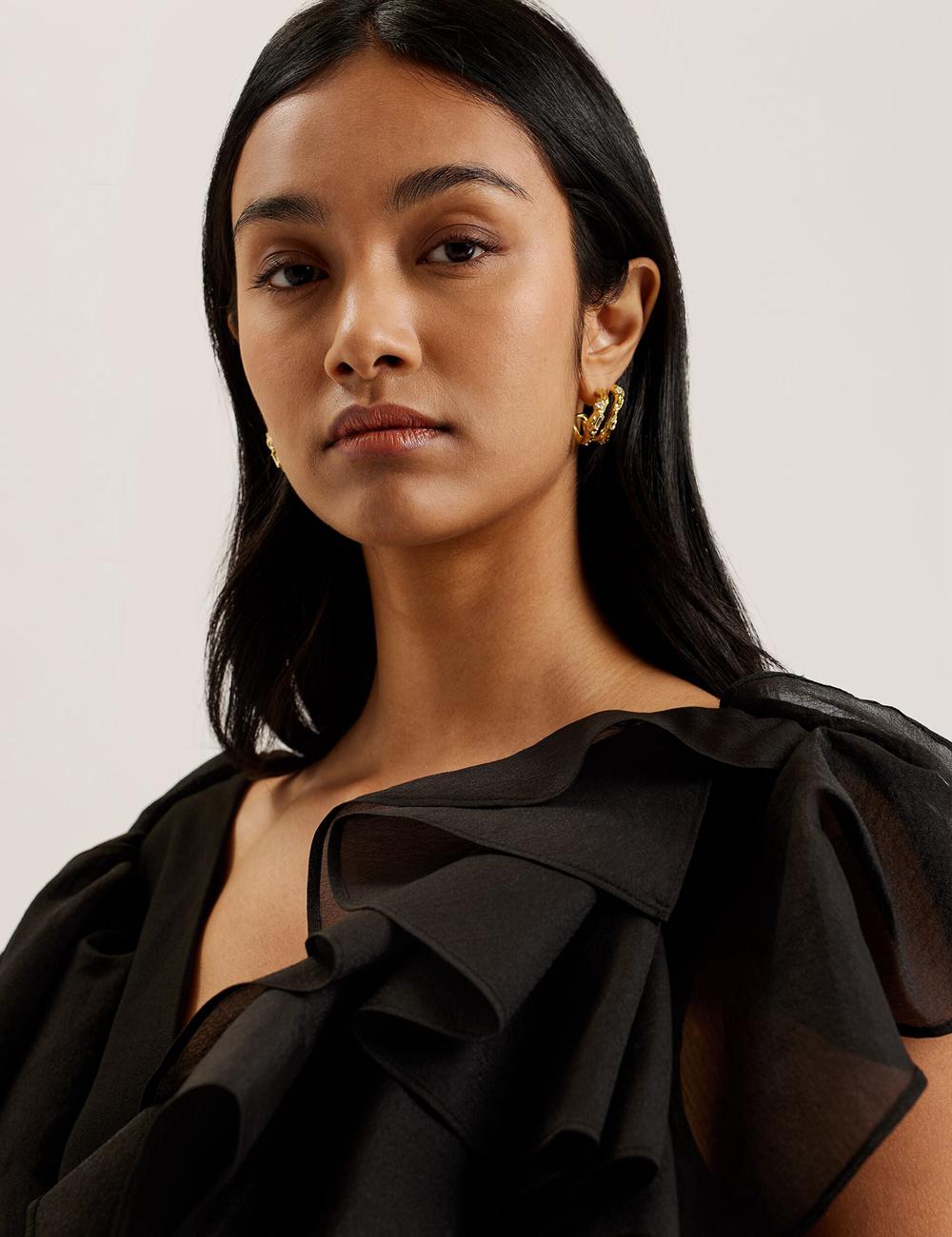 Ted Baker ELQUI - Oversized Ruffle Trim V-Neck Mini-jurk Dames Zwart | IQNL-90425
