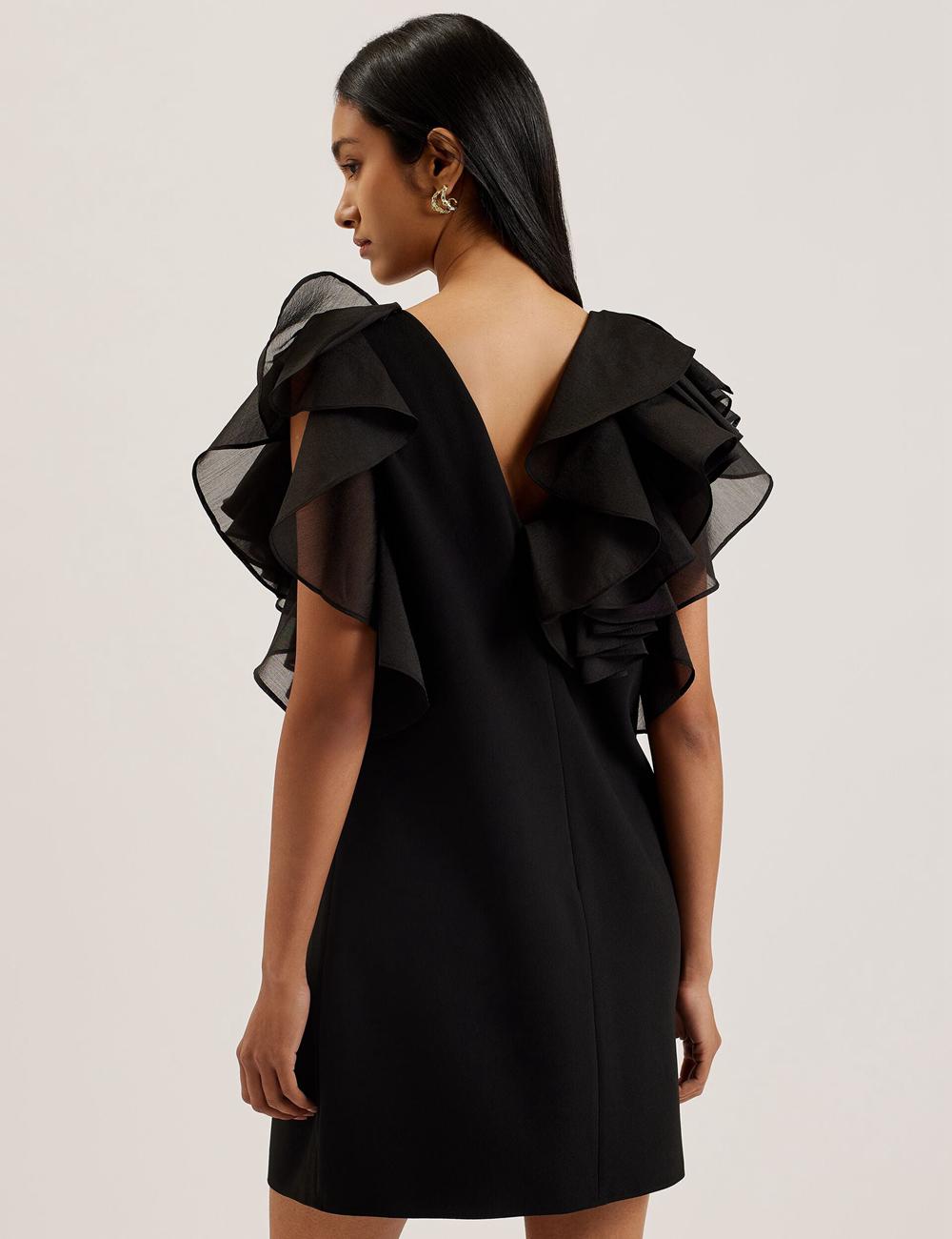 Ted Baker ELQUI - Oversized Ruffle Trim V-Neck Mini-jurk Dames Zwart | IQNL-90425