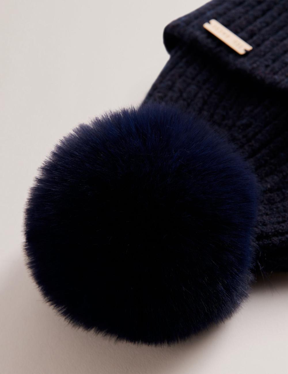 Ted Baker EMILYYA - Ribbed Knit Fluffy Bobble Hoeden Dames Donkerblauw | WORJ-12360