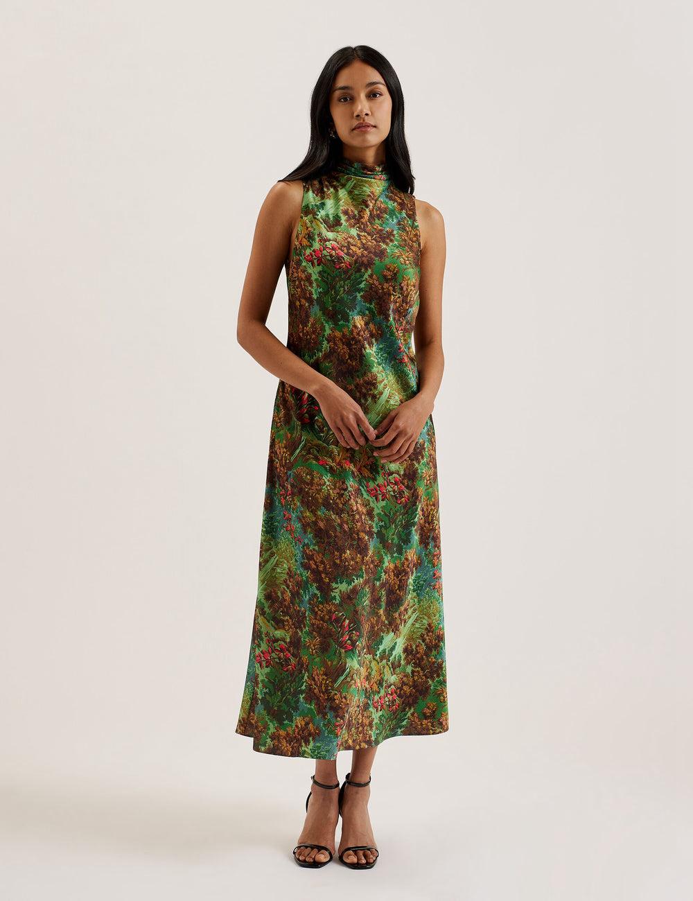 Ted Baker EYVA - Satin Printed High Neck Midi Slip Midi-jurk Dames Groen | QCPO-27460