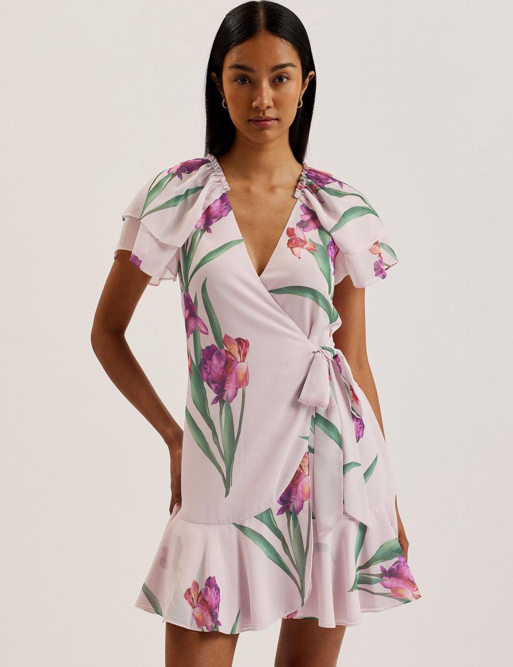 Ted Baker FASNIA - Floral Angel Sleeve Wrap Mini-jurk Dames Roze | GHDO-67941