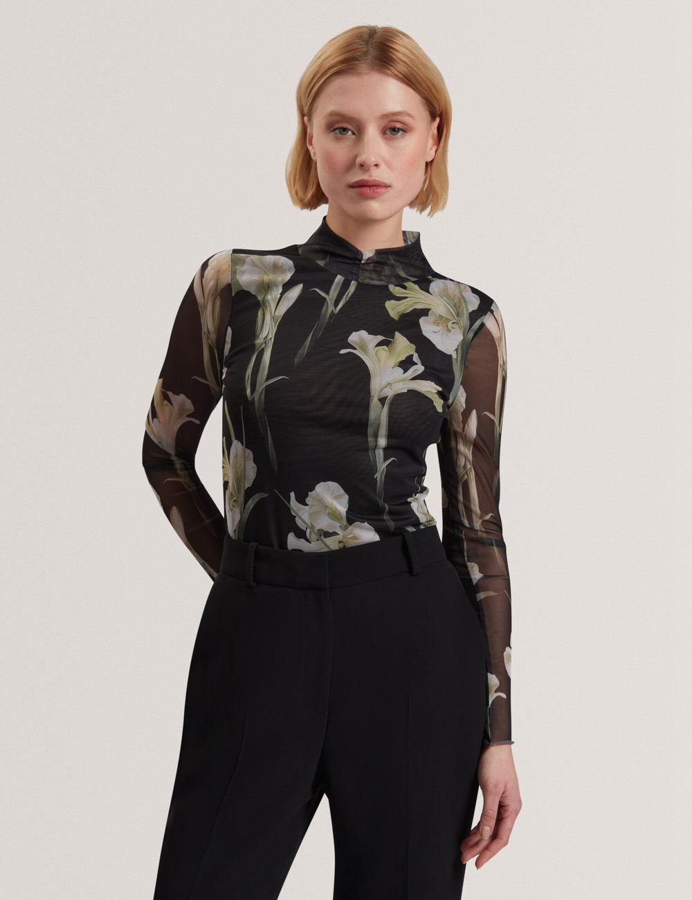 Ted Baker FIAAHH - Floral Print High Neck Sheer Mesh Topjes Dames Zwart | NDRX-12790