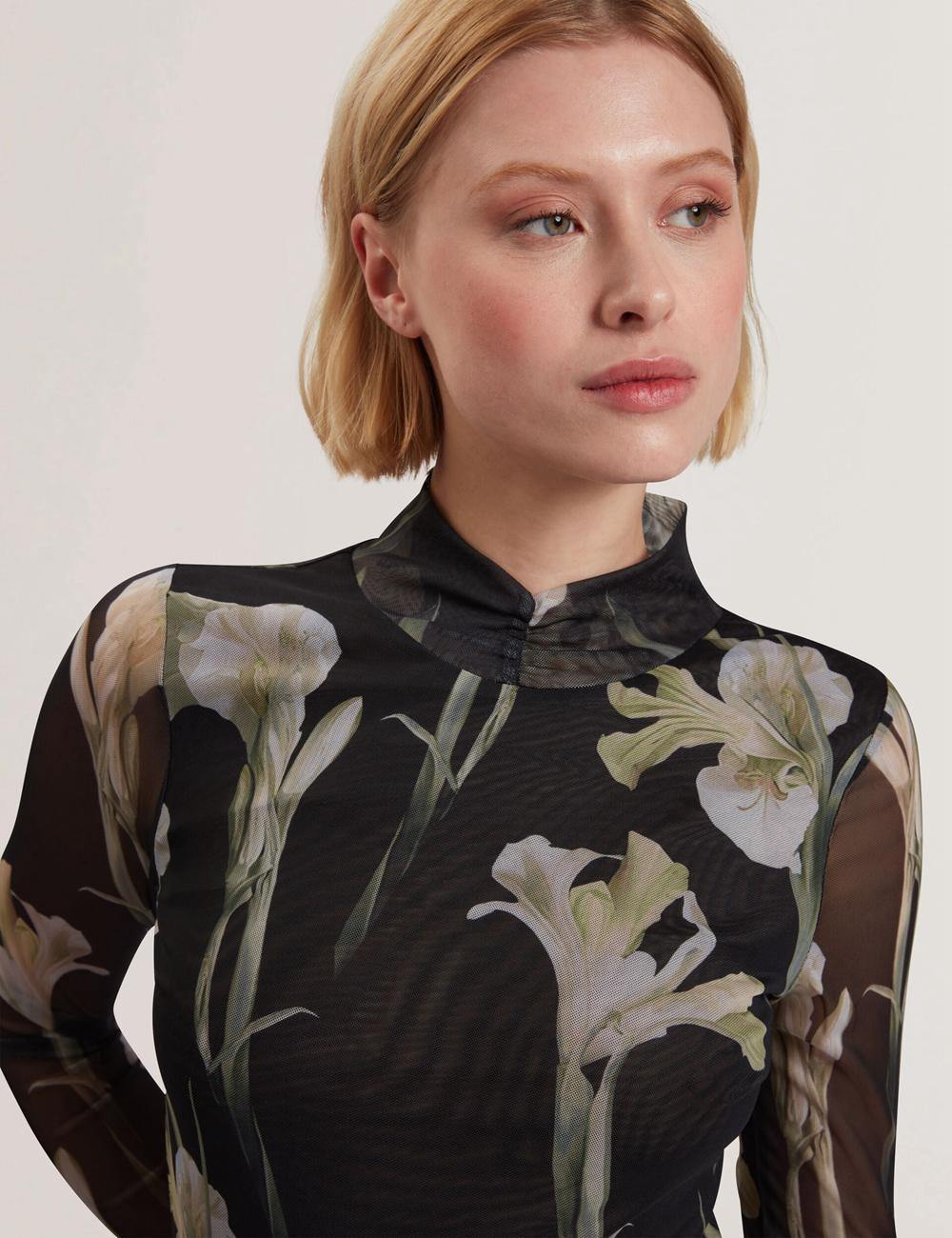 Ted Baker FIAAHH - Floral Print High Neck Sheer Mesh Topjes Dames Zwart | NDRX-12790