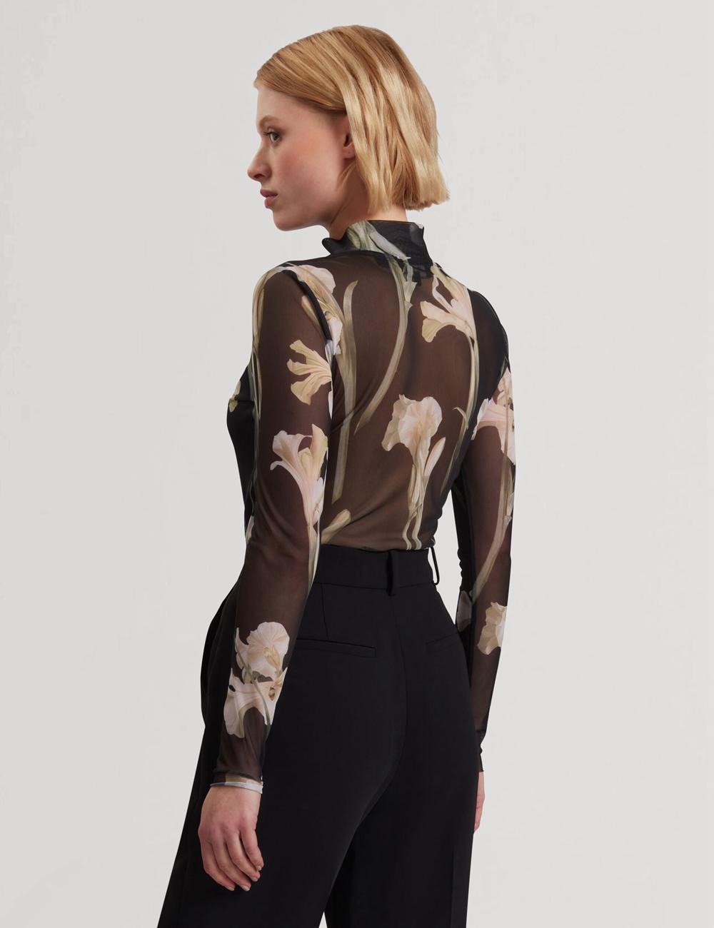Ted Baker FIAAHH - Floral Print High Neck Sheer Mesh Topjes Dames Zwart | NDRX-12790