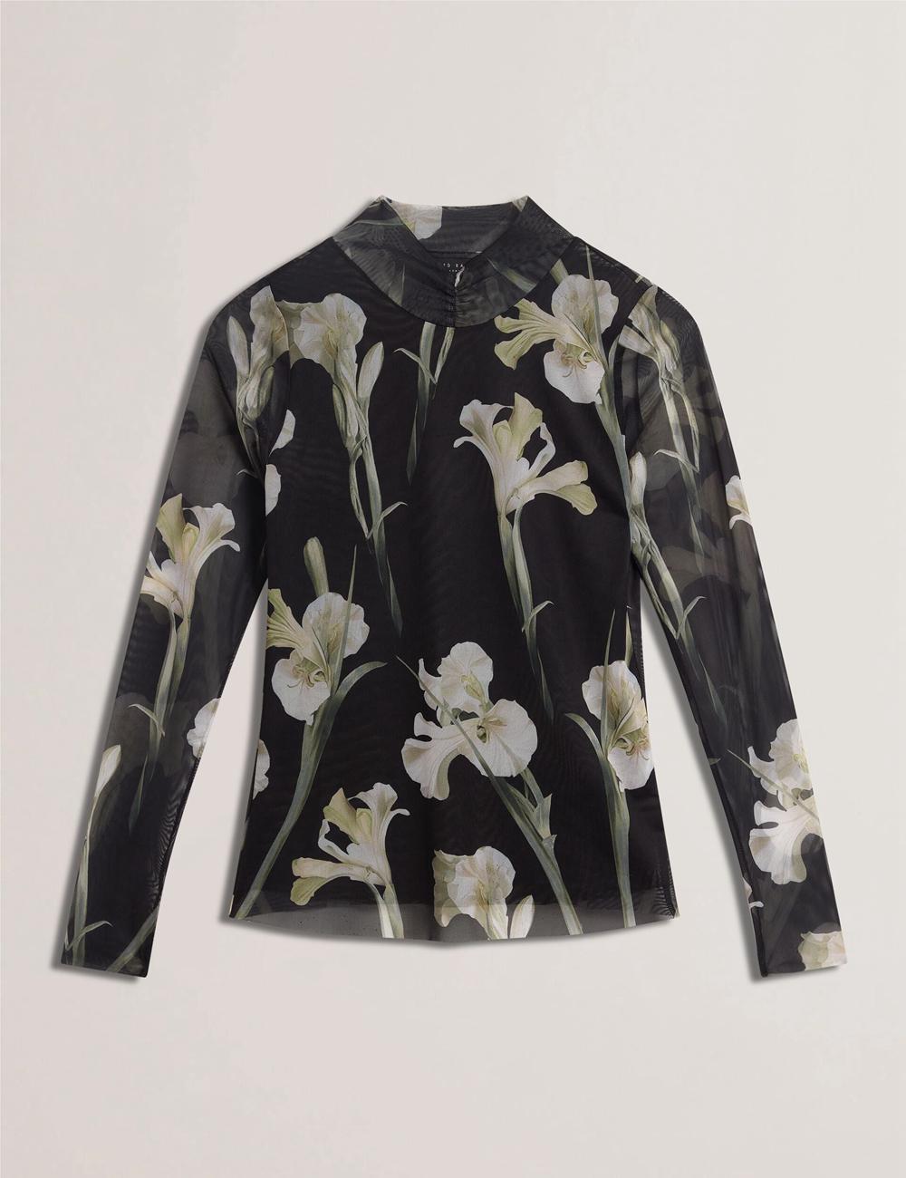 Ted Baker FIAAHH - Floral Print High Neck Sheer Mesh Topjes Dames Zwart | NDRX-12790