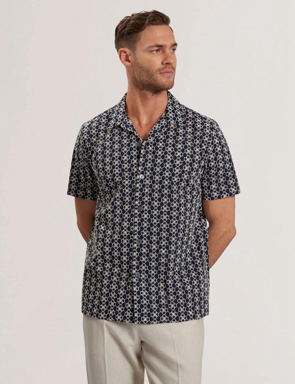 Ted Baker FINLAYS - Short Sleeve Relaxed Embroidered Overhemd Heren Donkerblauw | WZVM-96547