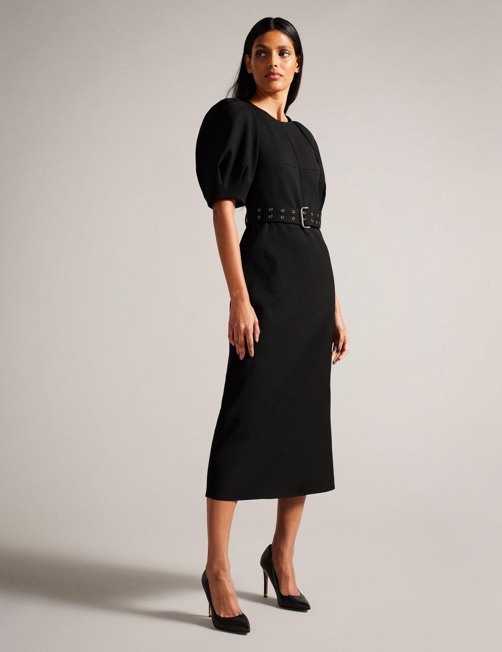 Ted Baker GABYELA - Structured Puff Sleeve With Belt Midi-jurk Dames Zwart | NGRV-62943