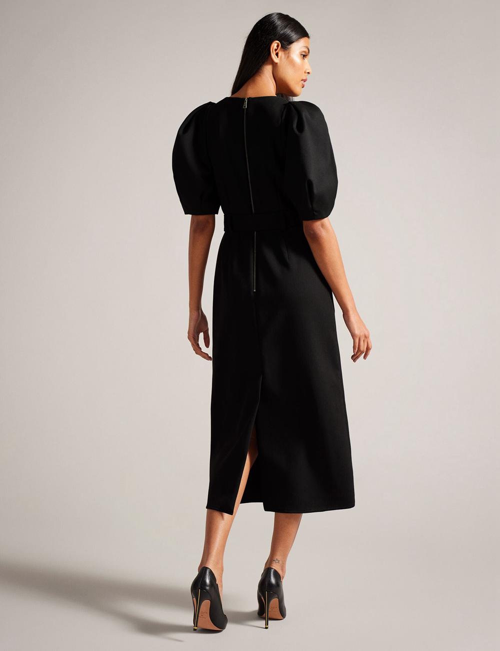 Ted Baker GABYELA - Structured Puff Sleeve With Belt Midi-jurk Dames Zwart | NGRV-62943