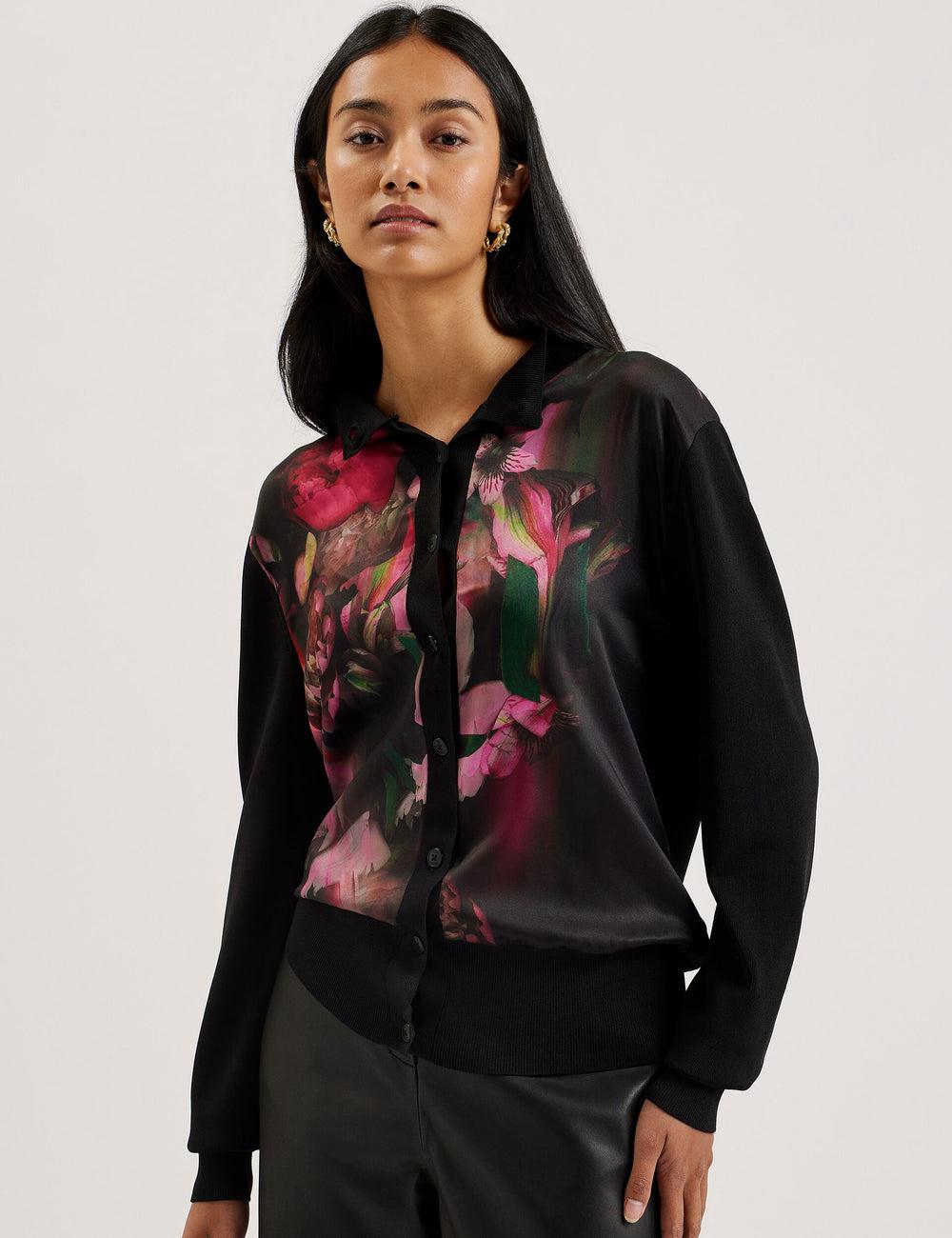 Ted Baker GEMHAA - Printed Panel Long Sleeve Cardigan Dames Zwart | TEJY-92578