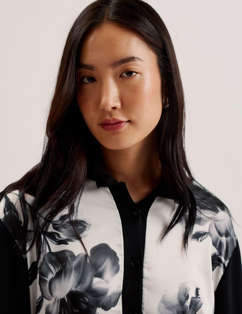 Ted Baker GWEENN - Monochrome Print Woven Front Cardigan Dames Zwart | GWMN-15896