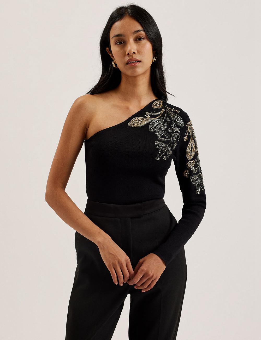 Ted Baker HEATHRR - One Shoulder Embellished Detail Topjes Dames Zwart | STGD-32659