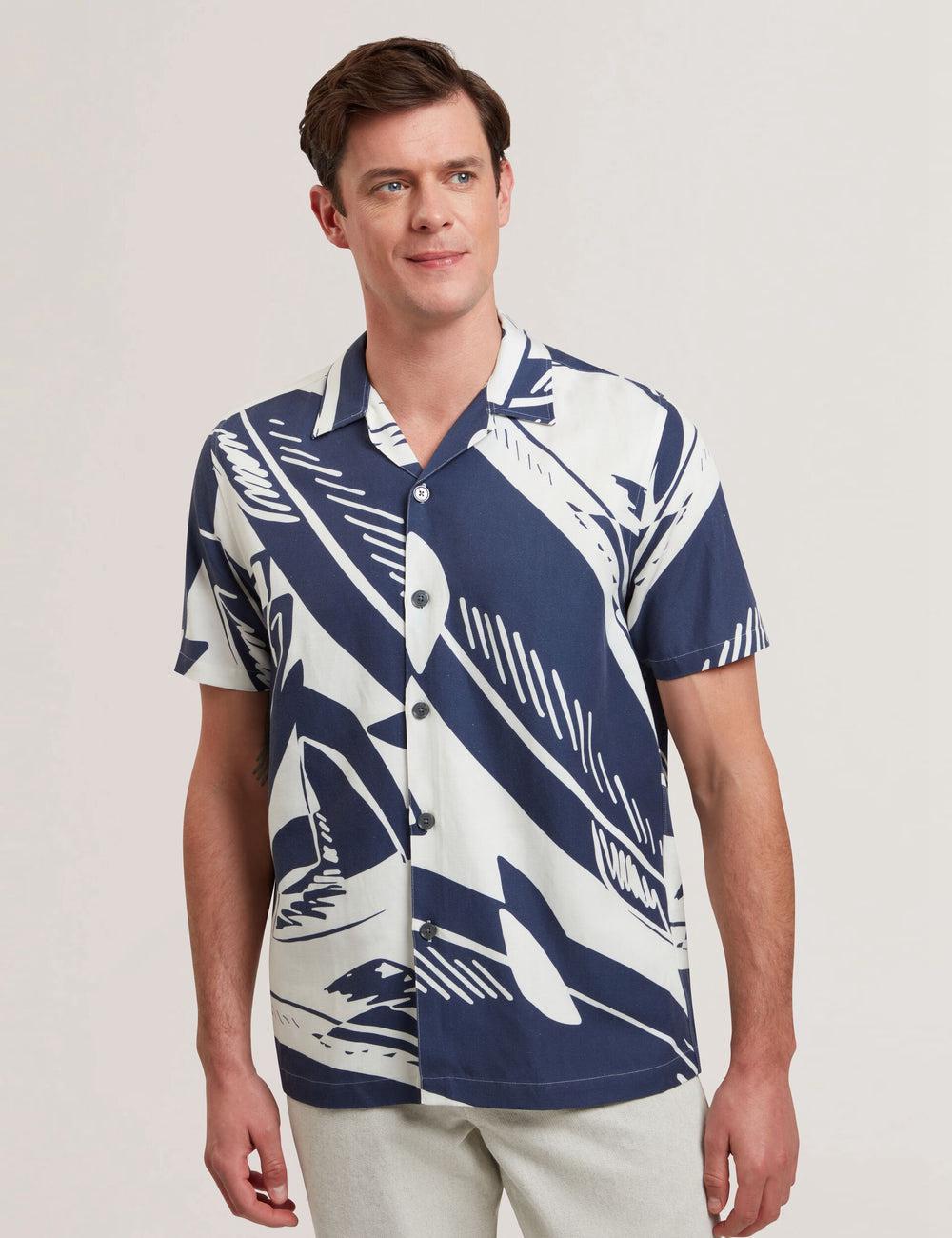 Ted Baker HEUKELS - Short Sleeve Relaxed Fish Print Overhemd Heren Donkerblauw | ENAU-90743