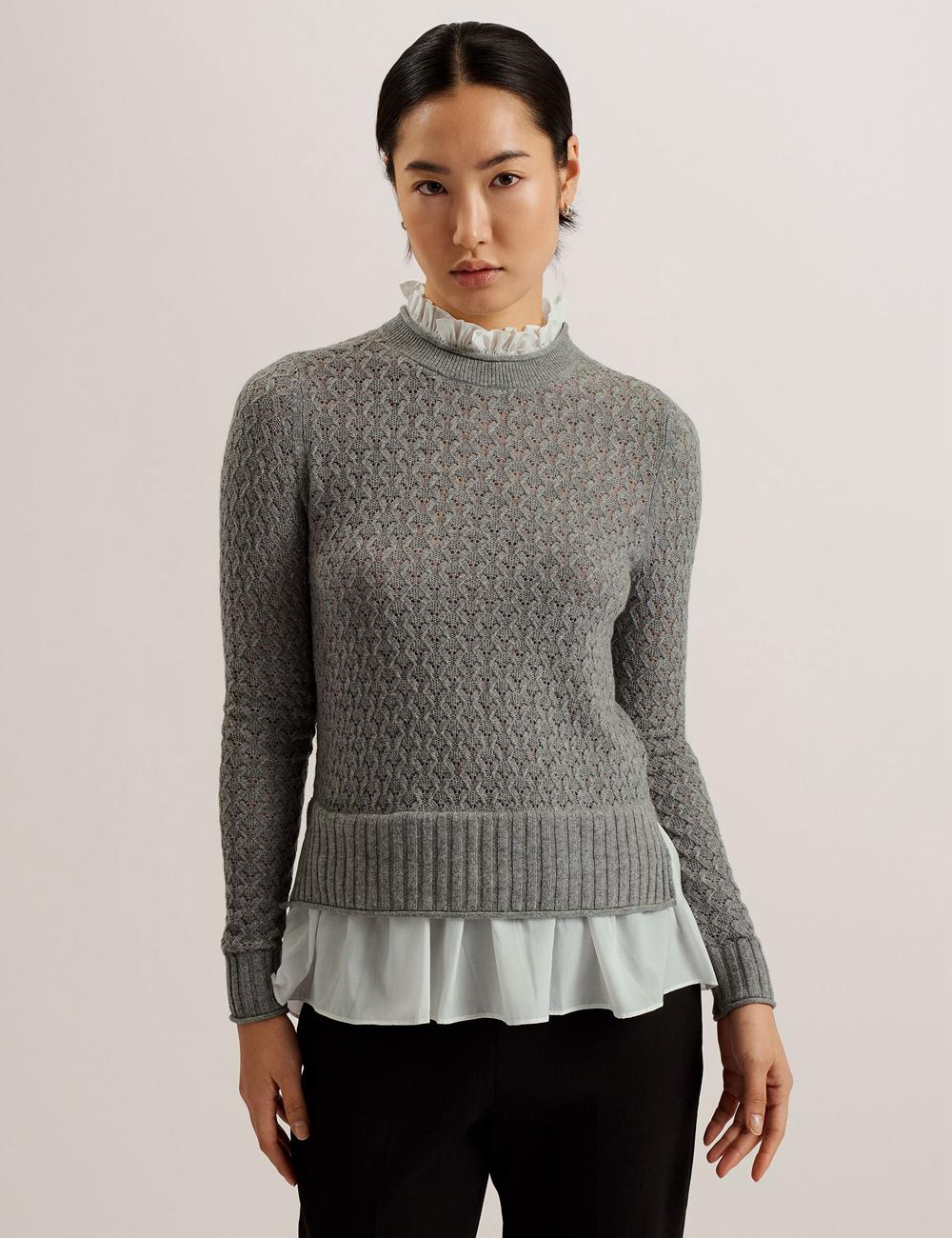 Ted Baker HOLINAS - Pointelle Knit With Shirt Hem Jumpers Dames Grijs | ZRFG-24186