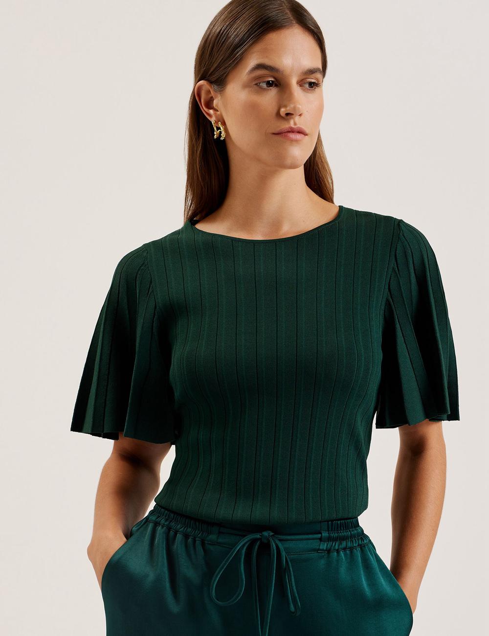 Ted Baker IIVANNA - Ribbed Knit Top With Fluted Short Sleeves Jumpers Dames Groen | VZLO-40356