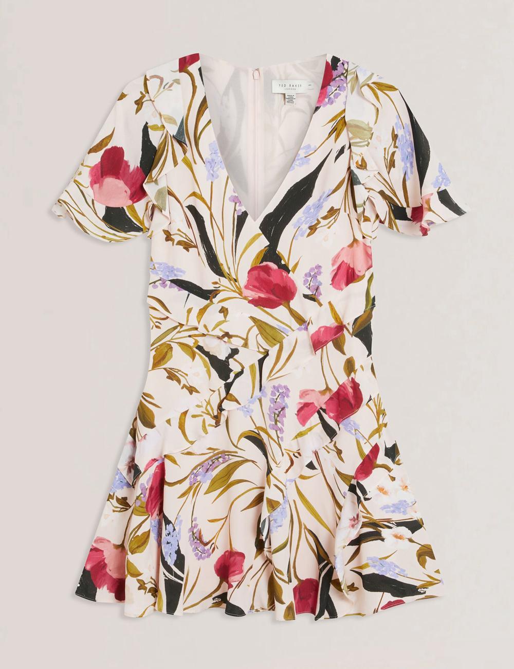 Ted Baker ISSIIA - Frill Trim Floral Short Sleeve Mini-jurk Dames Roze | KBZN-97205