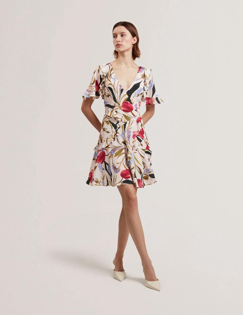 Ted Baker ISSIIA - Frill Trim Floral Short Sleeve Mini-jurk Dames Roze | KBZN-97205