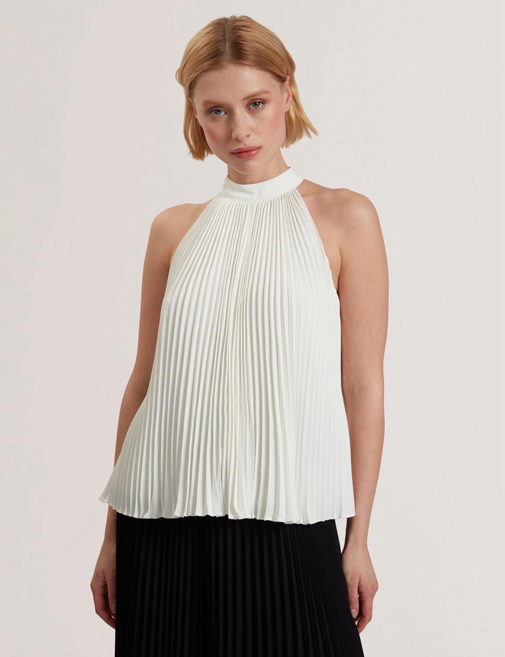 Ted Baker JAMAYA - High Halter Neck Pleated Sleeveless Topjes Dames Ivory | YTBH-98570