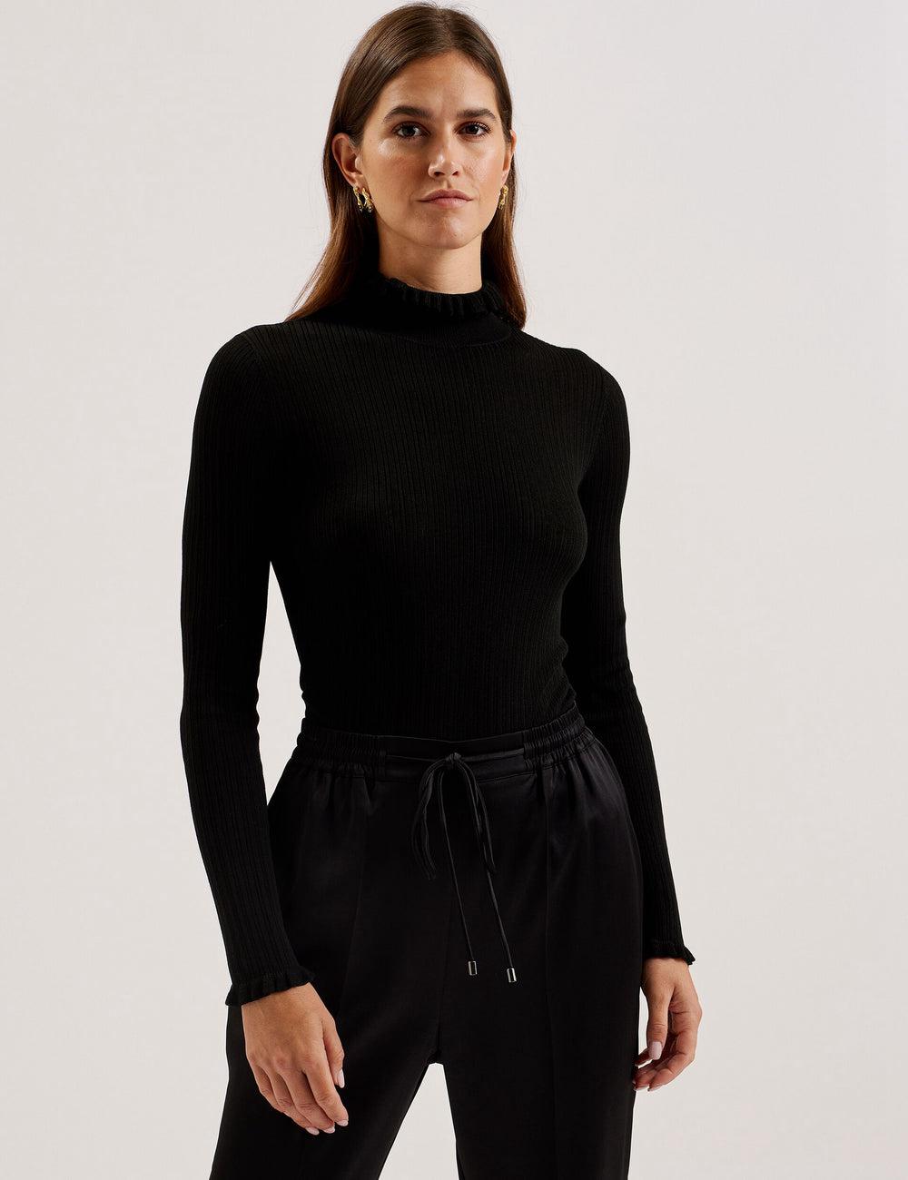 Ted Baker JANITTT - Ruffle Trim High Neck Ribbed Jumpers Dames Zwart | ABYD-79862