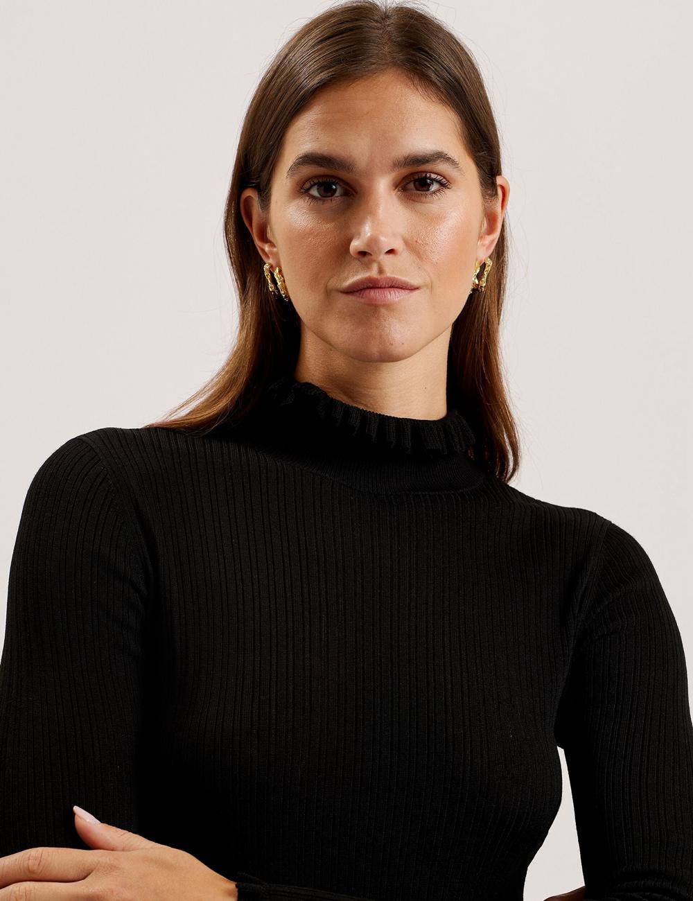 Ted Baker JANITTT - Ruffle Trim High Neck Ribbed Jumpers Dames Zwart | ABYD-79862