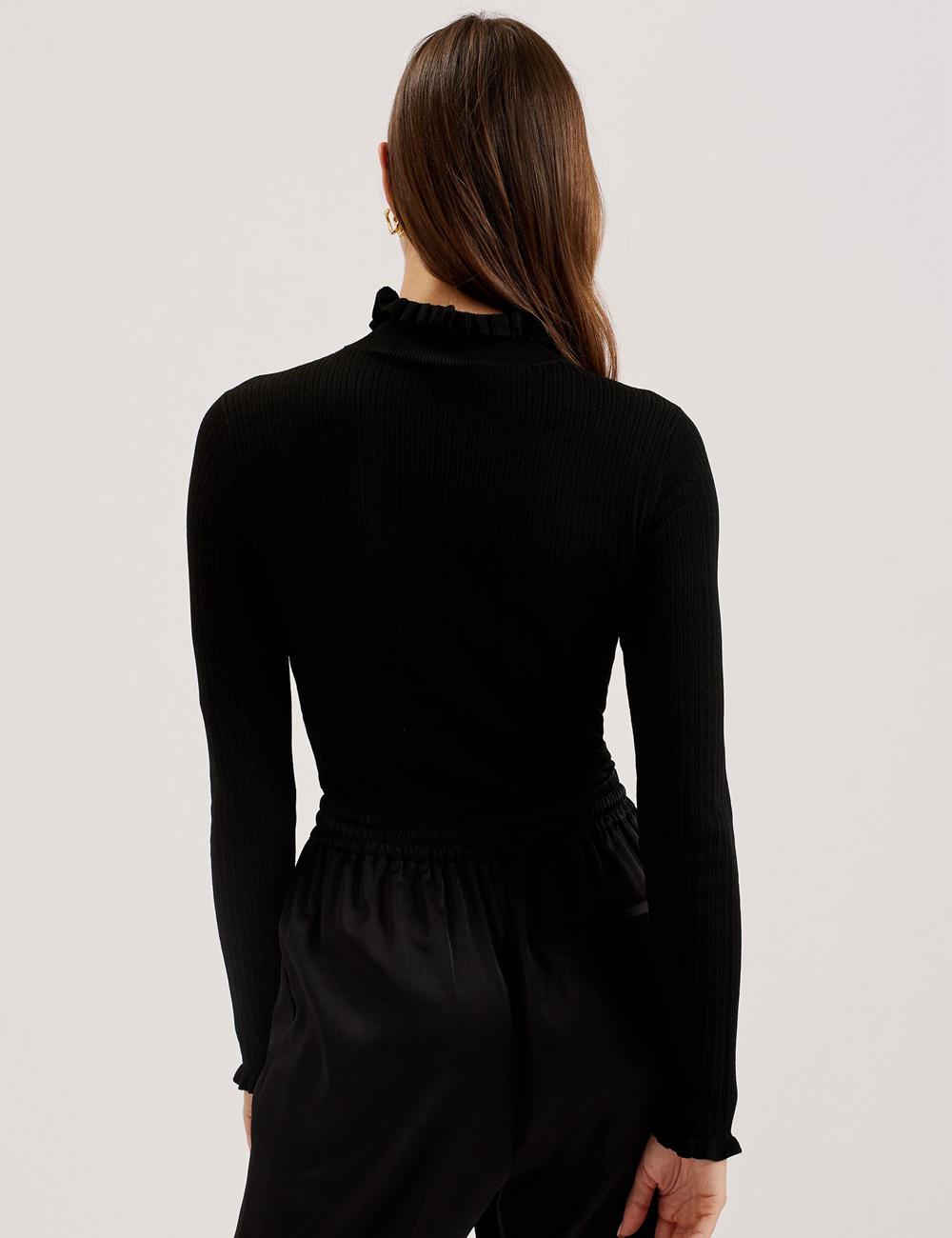 Ted Baker JANITTT - Ruffle Trim High Neck Ribbed Jumpers Dames Zwart | ABYD-79862