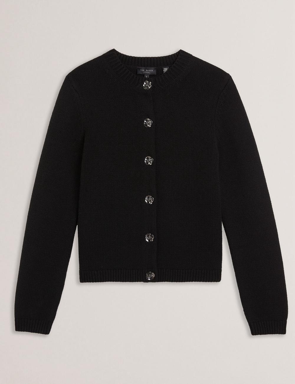Ted Baker JAYCEY - Rose Button Knitted Crew Neck Cardigan Dames Zwart | KGWU-53179