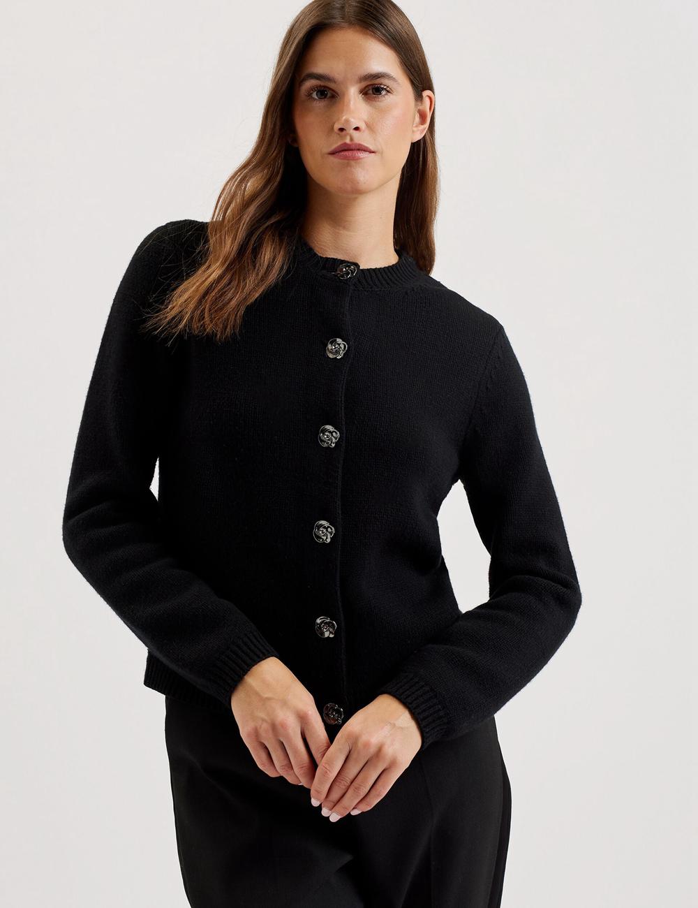 Ted Baker JAYCEY - Rose Button Knitted Crew Neck Cardigan Dames Zwart | KGWU-53179