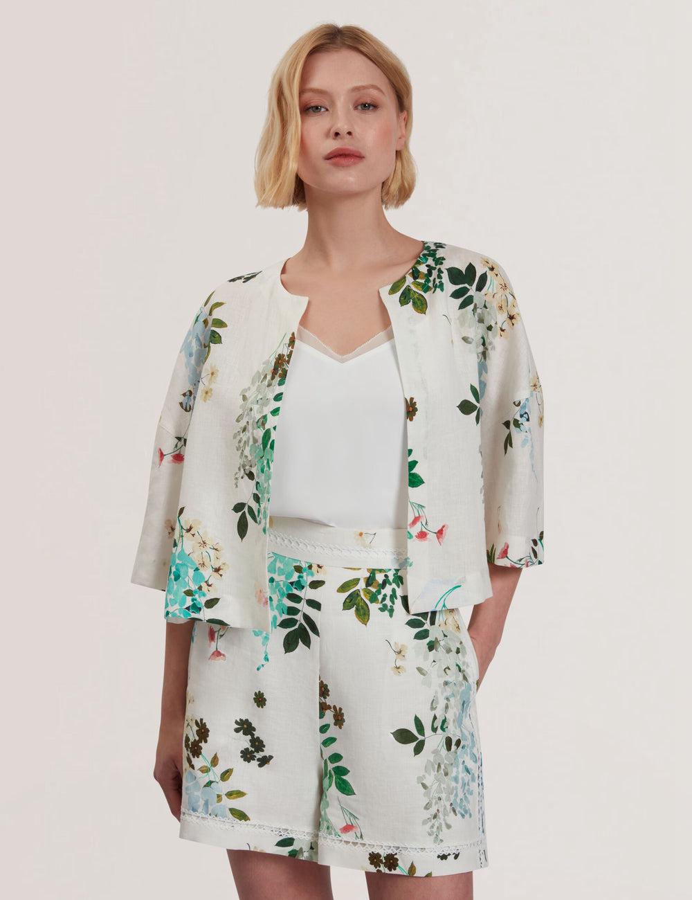 Ted Baker KALNA - Printed Linen Short Sleeve Cropped Shirt Topjes Dames Wit | SVHF-02954