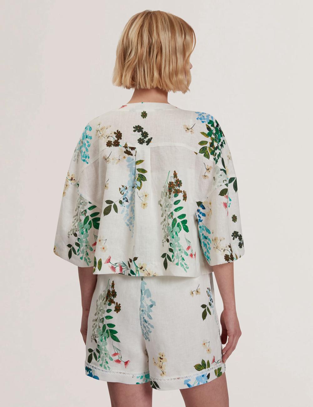 Ted Baker KALNA - Printed Linen Short Sleeve Cropped Shirt Topjes Dames Wit | SVHF-02954