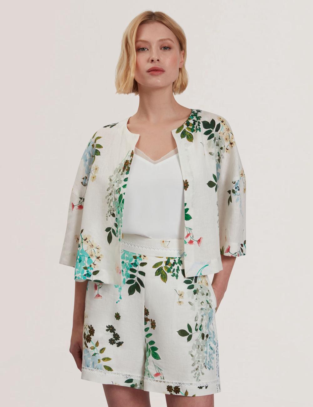 Ted Baker KALNA - Printed Linen Short Sleeve Cropped Shirt Topjes Dames Wit | SVHF-02954