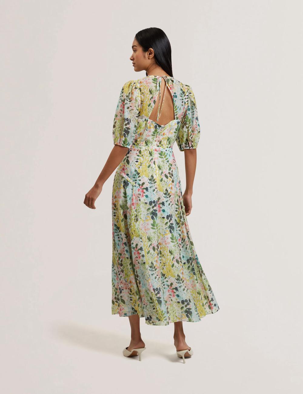 Ted Baker KANDEA - Floral Puff Sleeve A-Line Midi-jurk Dames Ivory | SDEU-64071