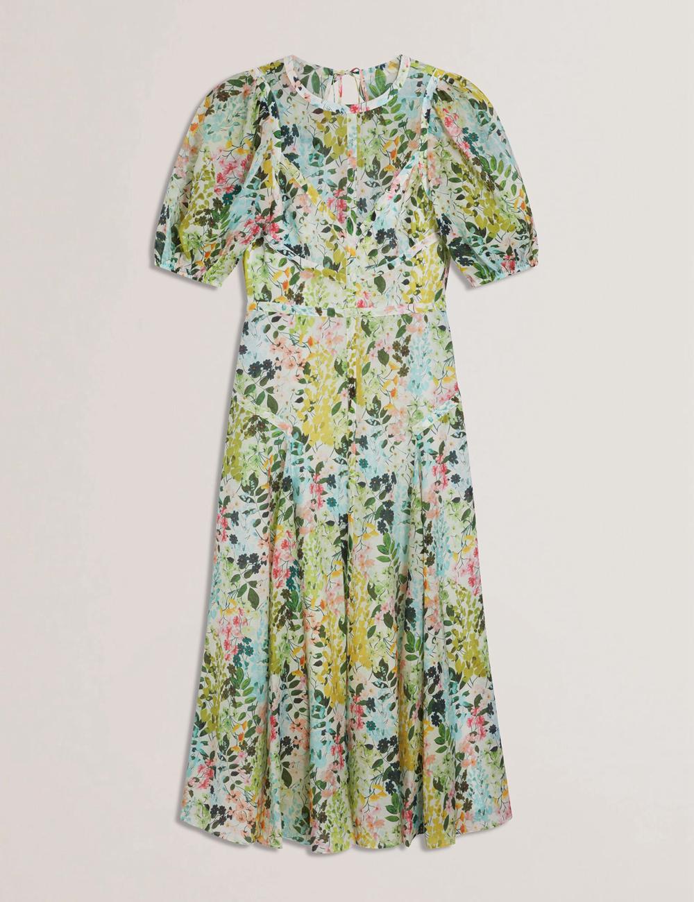 Ted Baker KANDEA - Floral Puff Sleeve A-Line Midi-jurk Dames Ivory | SDEU-64071